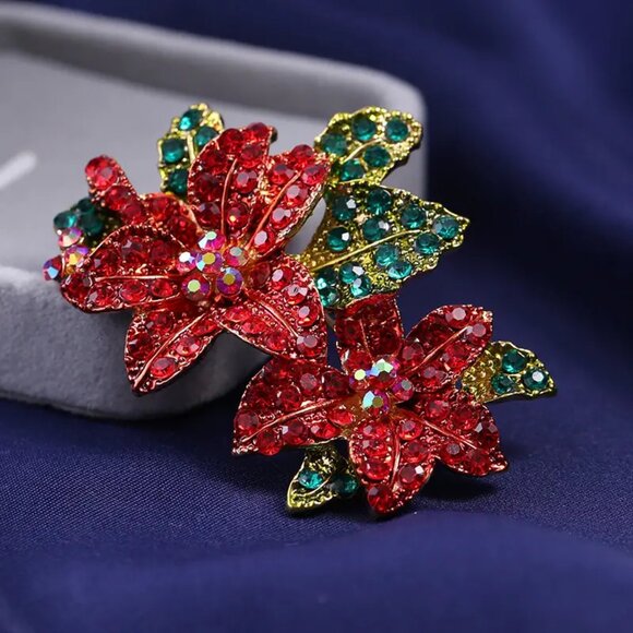 Handcrafted Rhinestone Poinsettias Christmas Brooch Pin ๐๐โฃ๏ธ - Picture 7 of 7